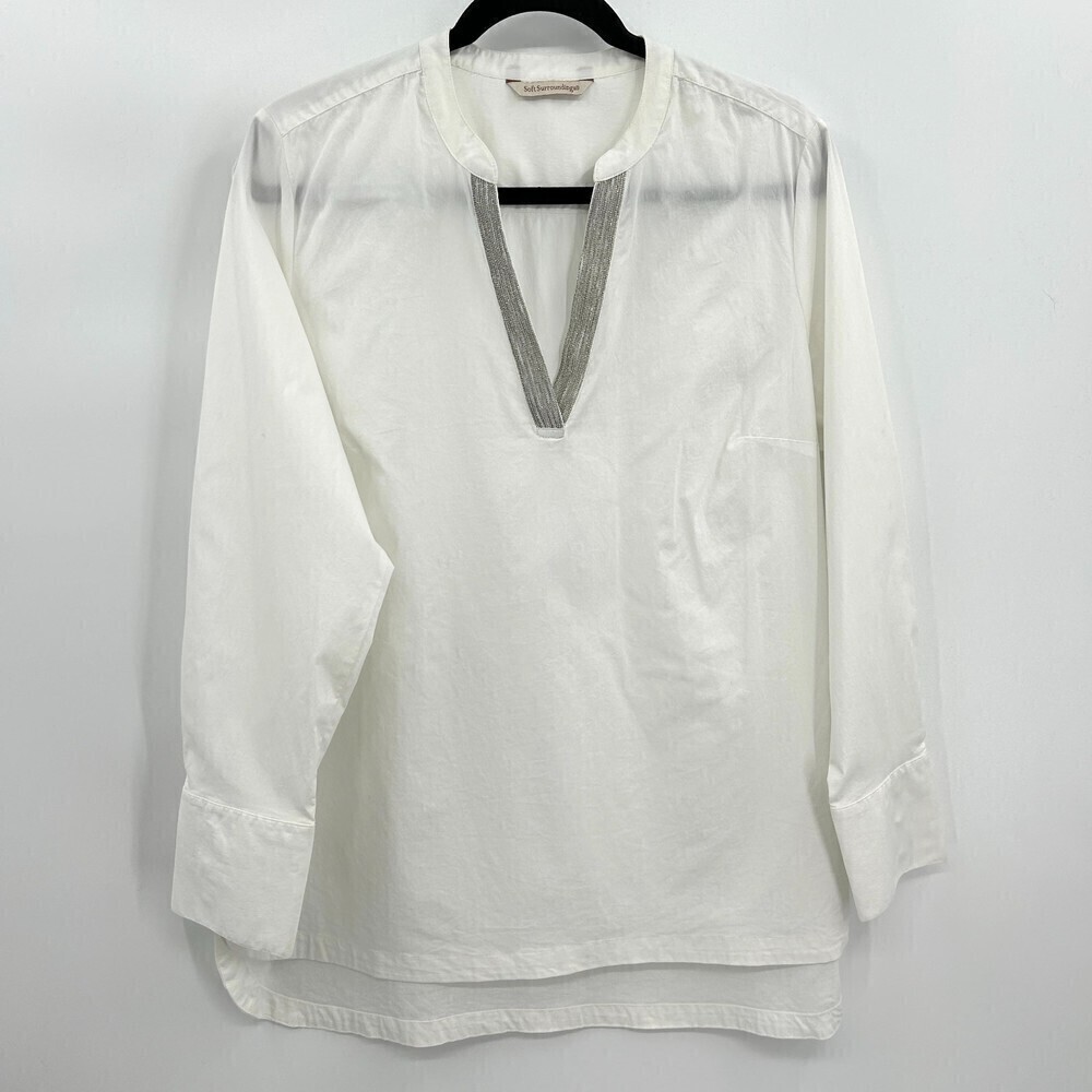 SOFT SURROUNDINGS White Silver Beaded V-Neck Cotton Oversized Blouse Size Large